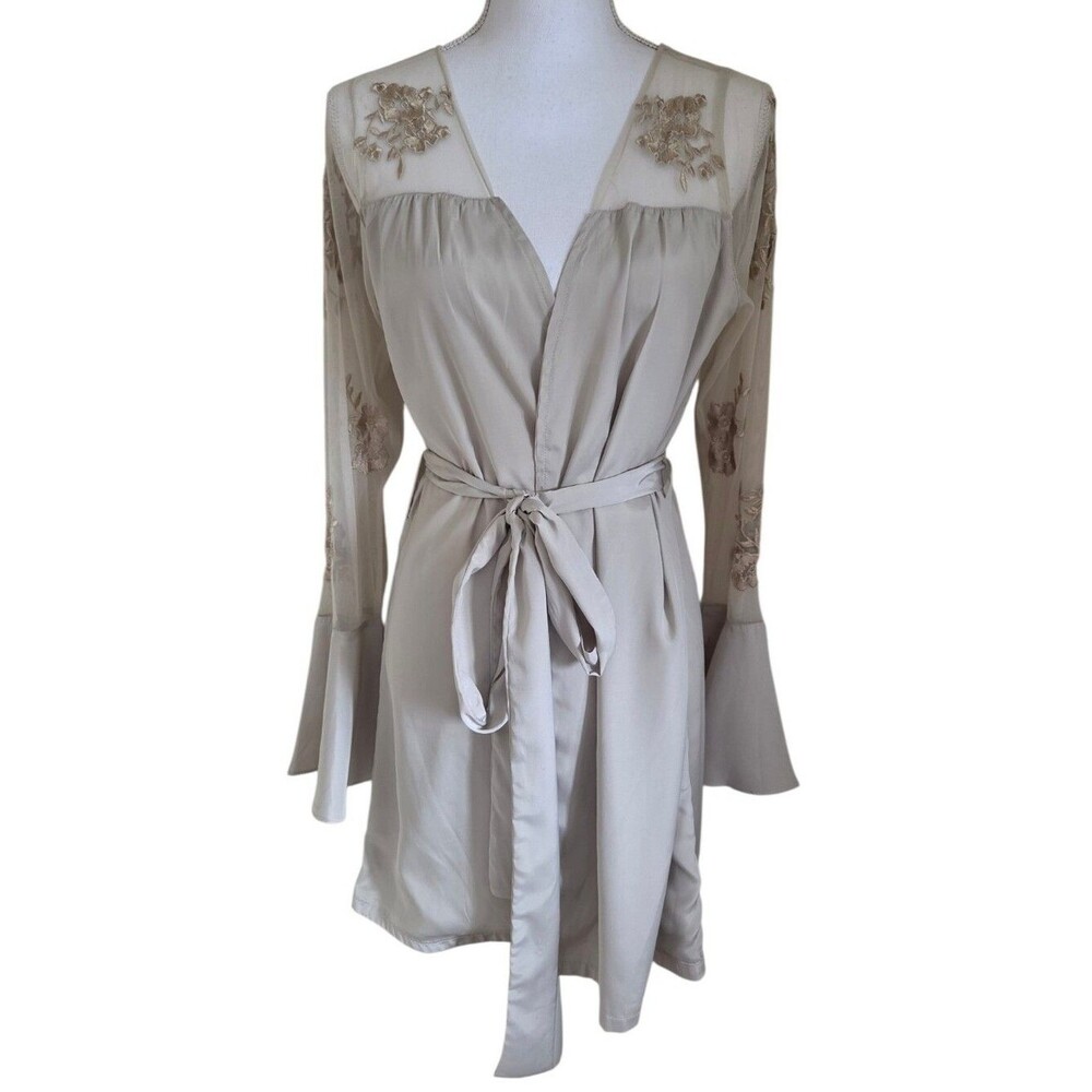 robed with love taupe satin & embroidered mesh lingerie robe size XS